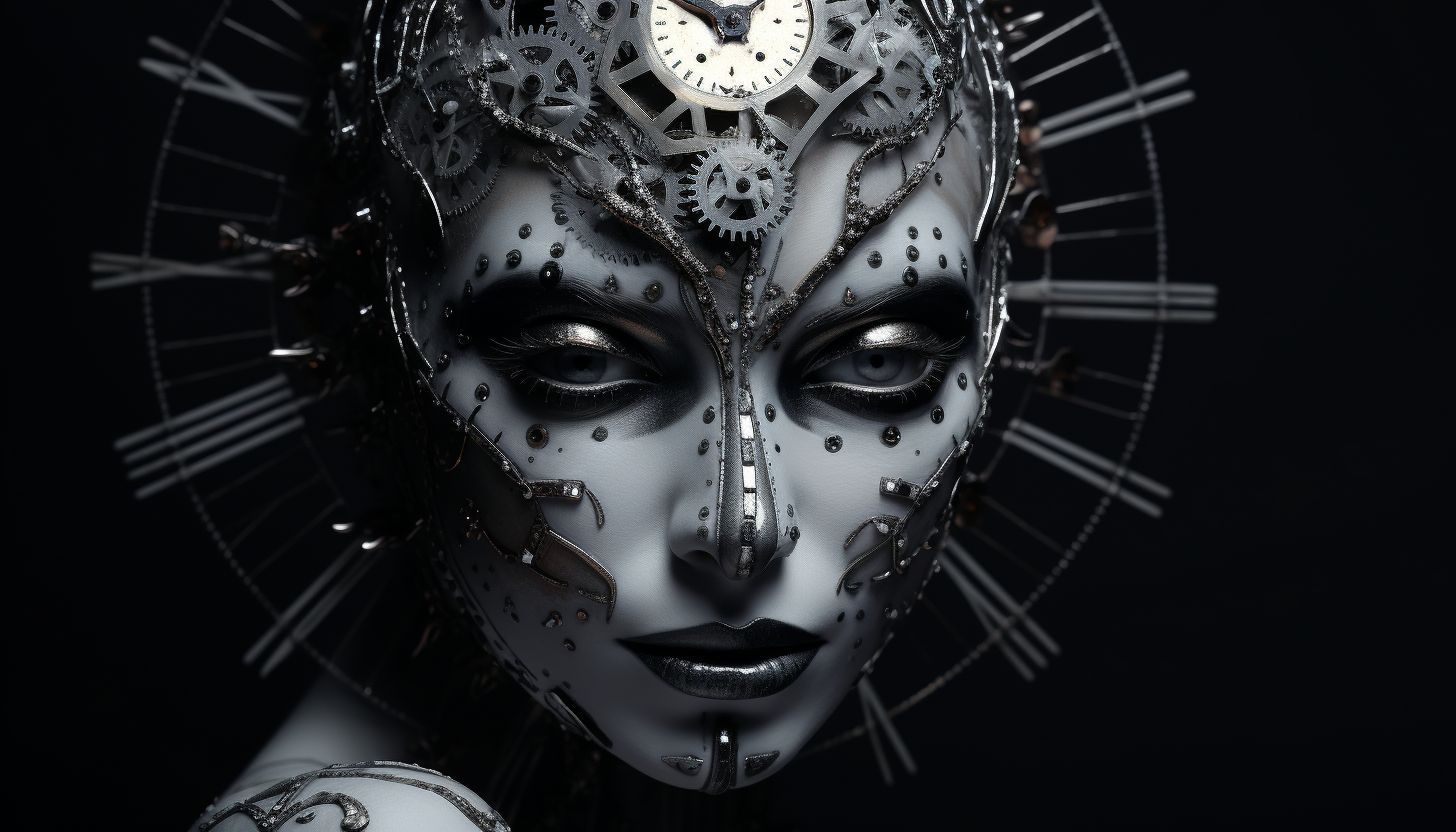 Prompt: london artist hsinalu scifi clock, in the style of fashion photography, dark silver and silver, canon eos 5d mark iv, body art, aggressive digital illustration, blink-and-you-miss-it detail, back button focus --ar 128:73 --v 5.2