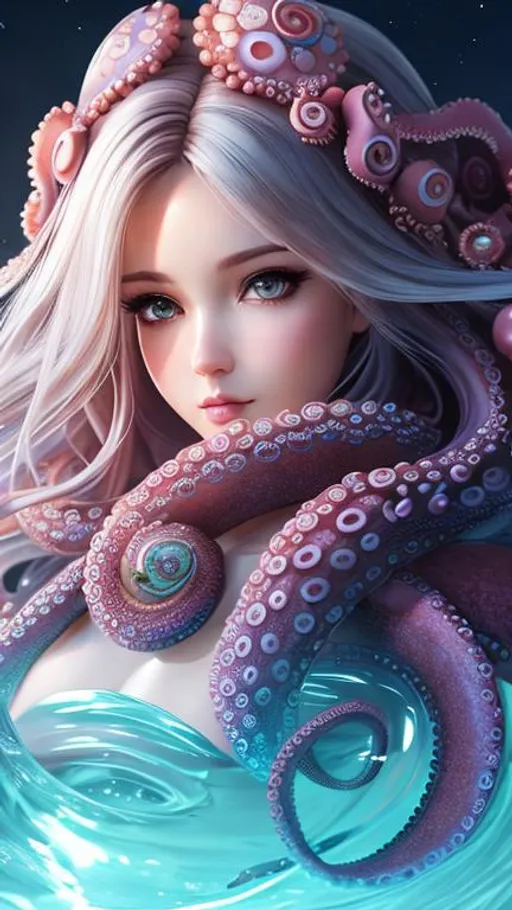 Prompt: extremely realistic, hyperdetailed, octopus girl, tentacle hair, highly detailed face, highly detailed eyes, full body, whole body visible, full character visible, soft lighting, high definition, ultra realistic, unreal engine 5, 8K, digital art
