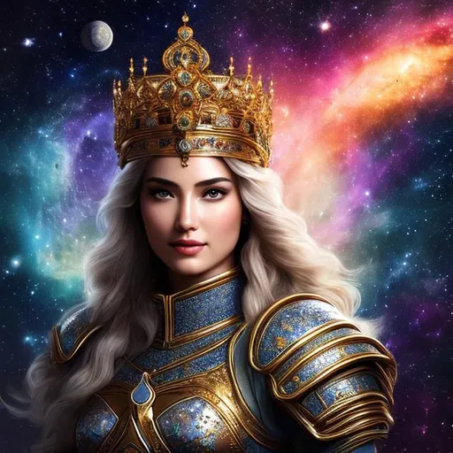 Prompt: beautiful female with crown, wearing medieval white plate armor extremely detailed face, space and planets an nebulae in sky highly detailed, extremely detailed environment, extremely detailed background, intricate, extremely detailed skin, natural colors , professionally color graded, photorealism, 8k, realistic, moody lighting, ambience lighting, complex filigree, cosmos setup, universe setting, galactic environment, romanticism fantasy, seductive mood, detailed face, volumetric lighting