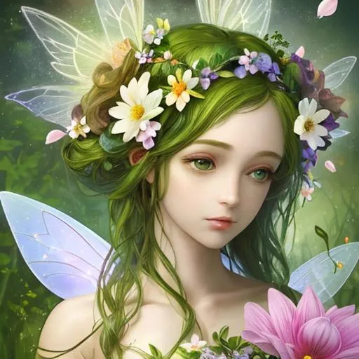 Prompt: A fairy goddess of spring, flower in her hair, closeup