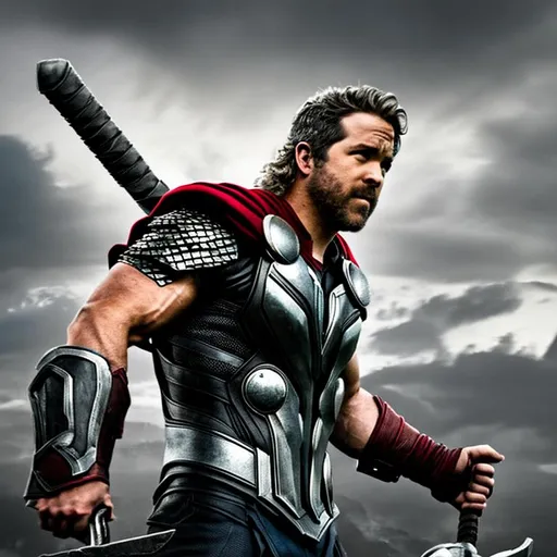 Prompt: imagine Ryan Reynolds as thor the god, realism, marvel
  Hyperrealistic, splash art, concept art, mid shot, intricately detailed, colour depth, dramatic, 2/3 face angle, side light, dark background, perfect camera shot, ultra-detailed, art, realistic, hyper-realistic, highly detailed, realism, 32k, photography, hdr, 1080p, cinematic, Hyperrealistic, fictional environment, mid shot, intricately detailed, colour depth, dramatic, side light, colourful background, beautifully shot, perfect composition, atmospheric, moody, natural white spotlight shining on subject. Realistic shadows