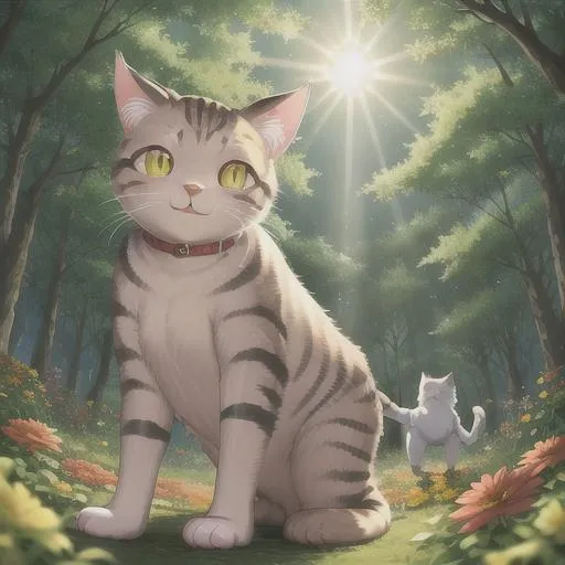 Prompt: cat in the forest, dynamic pose, sunshine, best quality, masterpiece, flowers