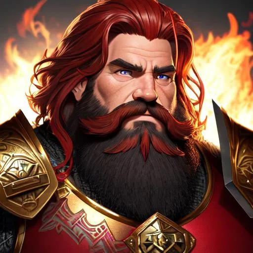 Prompt: "Portrait of an older grizzled male gold dwarf with short fiery red hair and a long trimmed beard, stocky body, dressed in red and black full plate armor, battle axe in hand #3238, UHD, hd , 8k eyes, detailed face,  8k eyes, intricate details, insanely detailed, masterpiece, cinematic lighting, 8k, complementary colors, golden ratio, octane render, volumetric lighting, unreal 5, artwork, concept art, cover, top model, light on hair colorful glamourous hyperdetailed medieval city background, intricate hyperdetailed breathtaking colorful glamorous scenic view landscape, ultra-fine details, hyper-focused, deep colors, dramatic lighting, ambient lighting god rays, flowers, garden | by sakimi chan, artgerm, wlop, pixiv, tumblr, instagram, deviantart