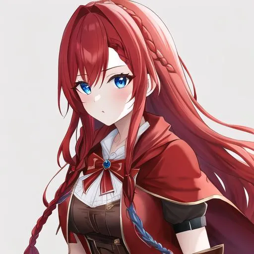 Prompt: Haley 1female (braided red hair pulled back, lively blue eyes), highly detailed face, 8K, UHD, wearing a red riding hood outfit