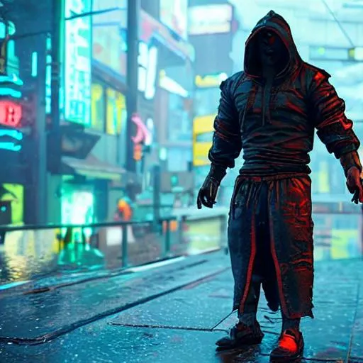 Prompt: Hooded samurai orc in rainy cyberpunk 2077 nightcity