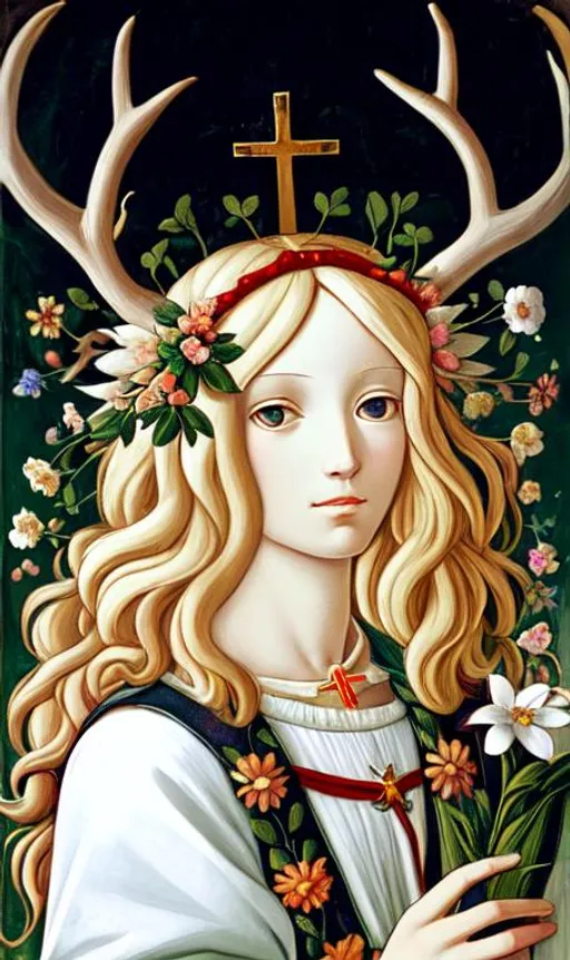 Prompt: Blond girl with flowers in her hair, antlers, crucifix around her neck, wearing a white dress, holding a bible, flora growing all around her, in the art style of Sandro Botticelli, a church in the background 