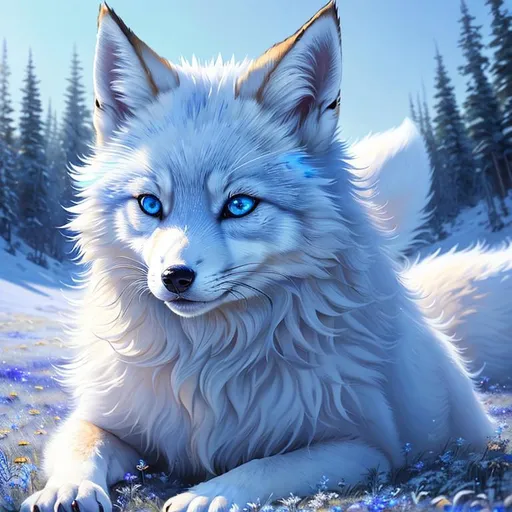 Prompt: remove leg, add frost, (masterpiece, professional oil painting, epic digital art, hyper detailed, best quality:1.5), beautiful portrait of white ((fox-wolf)), (canine quadruped), female, adolescent, ice elemental, deep blue fur covered in frost, bashful hypnotic sapphire blue eyes, 8k eyes, emanating enchanted blue aura, sprawled on frosted grassy field, extremely beautiful, thick billowing silver mane covered in frost, (plump:2), Anne Stokes, mid close up, close up, kitsune, presenting magical jewel, detailed smiling face, finely detailed fur, hyper detailed fur, (soft silky intricately detailed fur), fluffy fox ears, cool colors, beaming sun, professional, symmetric, golden ratio, unreal engine, depth, volumetric lighting, rich oil medium, (brilliant auroras), (ice storm), full body focus, beautifully detailed starry sky, majestic sunset, cinematic, 64K, UHD, intricate detail, high quality, high detail, masterpiece, intricate facial detail, high quality, detailed face, intricate quality, intricate eye detail, highly detailed, high resolution scan, intricate detailed, highly detailed face, very detailed, high resolution