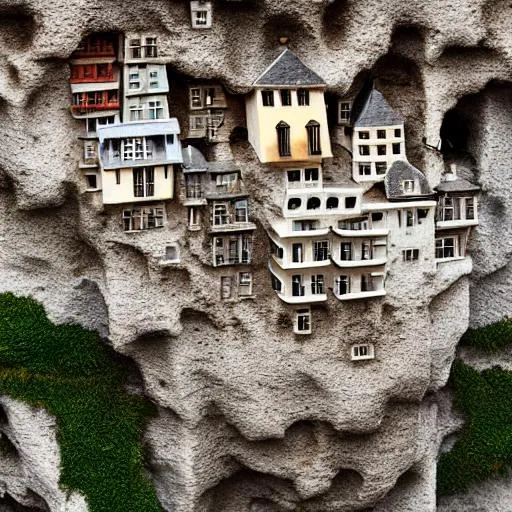 Prompt: 100mm photo of a village of houses built on a cliff face, surreal {salvidor Dali}, intricate, high detail, behance, microworlds smooth, macro sharp focus, centered