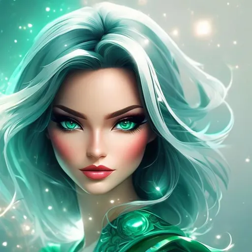 Prompt: Combine Małgorzata Kmiec style with Tom Cross style, in cartoon, unreal, magical,fantasy, woman, green eyes, blond hair, digital art , defined edges on white background