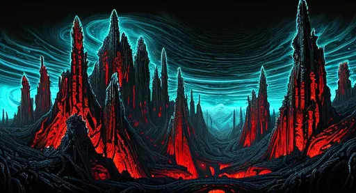 Prompt: in the art style of H.R giger 
remedied by the vision of J. R.R Tolkien


Moors... deep, cold, and rotted. Peaks from distant mountains pierce the shadowy twilight sky. At their mouths, amber glowing slates divide and crack open the earth. A ruinous castle, once a bastion against the crippling landscape, is now a monument to its ardor. Hazey mist drifts atop the moors, seeping in and out of encroaching wildwood.  