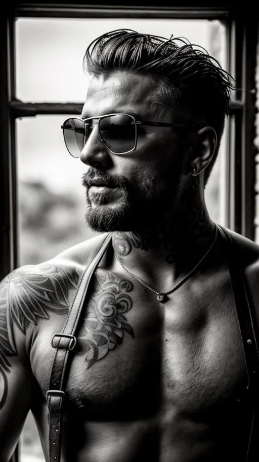 Prompt: Sensual, tattooed, shirtless, rustic man from a random country, wearing sunglasses and a intricate leather harness, in an abandoned place near a window, cinematic, close-up portrait, grayscale, hyperrealistic, hyperdetailed, ambient light, perfect composition, provocative, textured skin, high contrast, profile portrait.