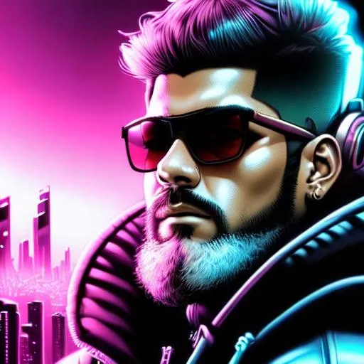 Prompt: man looking at viewer with shades on, colored, retrowave, neo tokyo, cyberpunk city, synthwave, high detail, hd