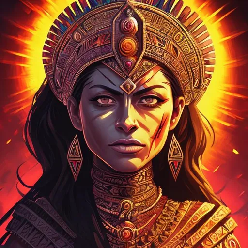 Prompt: aztec queen ruler portrait, crown, light, sunset, blood, intense, fierce expression, calm, smirk, fit woman, long black hair, colorful background,  sun ruler, glowing eyes, side view, queen, anime 