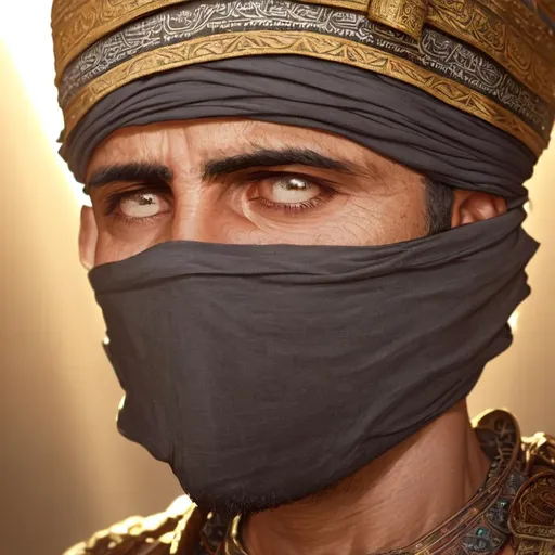 Prompt: A close up shot from Half-face portrait with head looking down, a man dressed like ancient Arab people, sad background, cover face and head with light rays around it