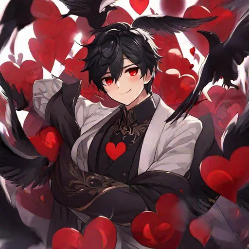 Prompt: Damien (male, short black hair, red eyes) smiling sadistically, eyes wide open, hearts around hum
