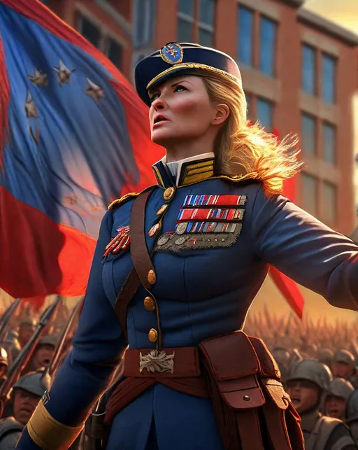 Prompt: A military general delivers an impassioned speech to rally her troops before battle, fiery light from the setting sun streaming in through billowing red and blue flags behind her. In the style of Andrew Prokos. ultra detailed, highly detailed scenario, photorealistic, intricate, masterpiece, UHD, HDR, symmetric, coherent, epic detail, stunning, beautiful, ,lumen render ,lumen path tracing ,path tracing light ,path tracing shadow ,path tracing special fx, 