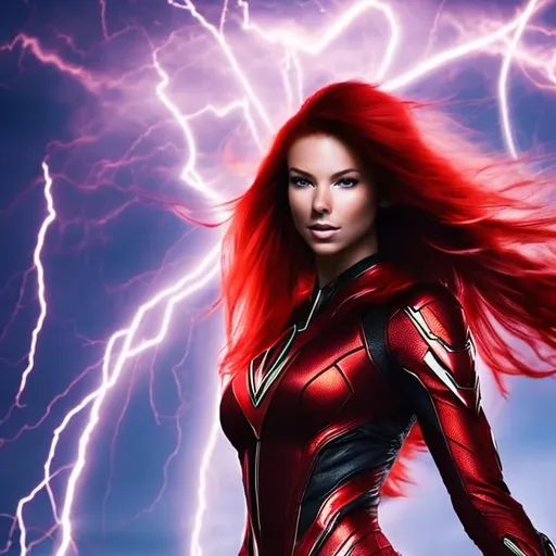 Prompt: Imagine a captivating red-haired superheroine, her very presence tingling with an air of mystery and power. Adorned in a sleek, form-fitting costume that accentuates her alluring physique, she emanates an aura of strength and elegance. Vibrant locks of fiery red cascade around her as crackling bolts of lightning dance and flicker with every step she takes. The enigmatic energy surrounding her intensifies, illuminating her surroundings with an electrifying glow. Despite her awe-inspiring abilities, her beauty remains undeniable, with piercing eyes that hold the secrets of her extraordinary powers. Picture this captivating red-haired superheroine, a force to be reckoned with, striking a perfect balance between allure and superhuman strength.