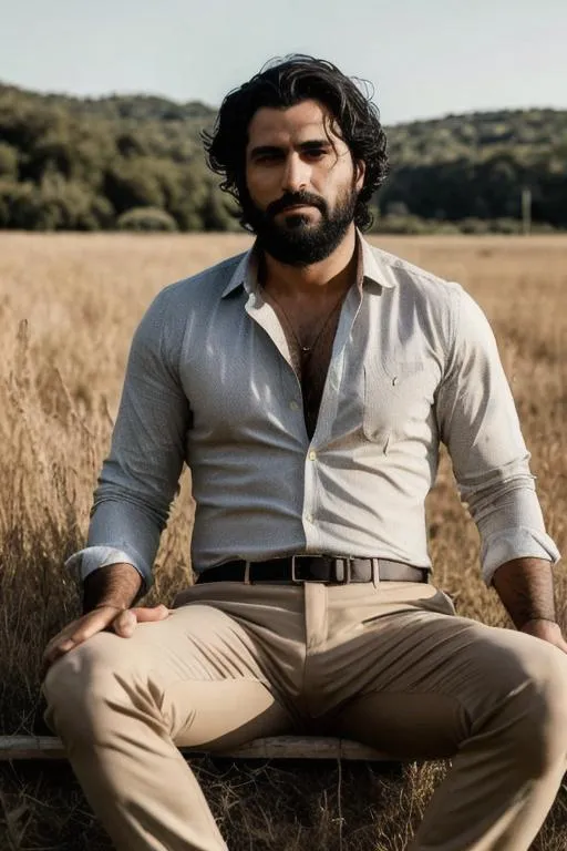 Prompt: full body portrait of "muslular insolent hypermasculine beautiful man, with black hair and with rugged face, wearing "silk unbuttoned shirt", "manspreading on a field",arena, perfect composition, hyperrealistic, super detailed, 8k, high quality, trending art, trending on artstation, sharp focus, studio photo, intricate details, highly detailed, by greg rutkowski