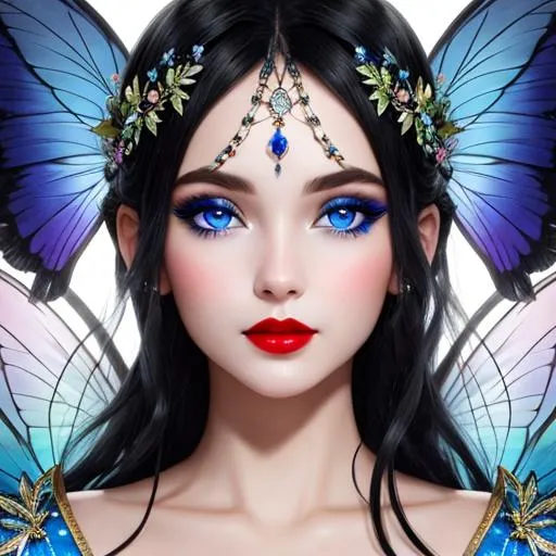 a fairy goddess, facial closeup, black hair and blu...