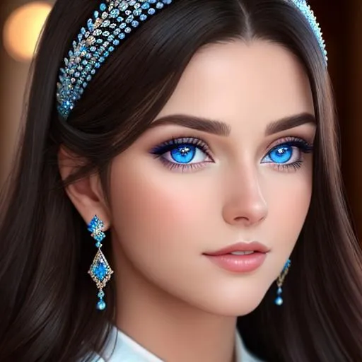 Prompt: a realistic feminine elegant princess ,  dark hair, large blue eyes, wearing jewls in her hair, facial closeup