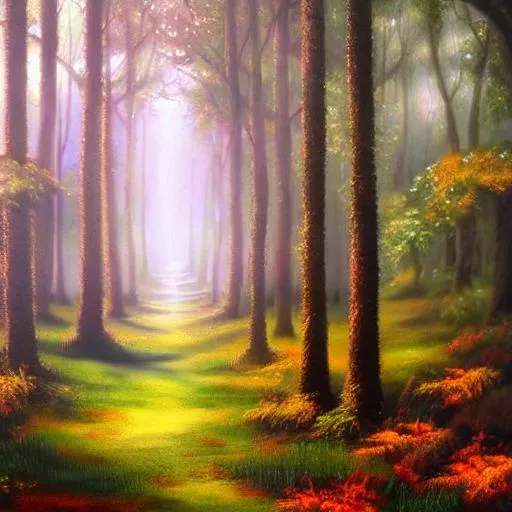 Prompt: hyper realistic enchanted woods landscape painting




