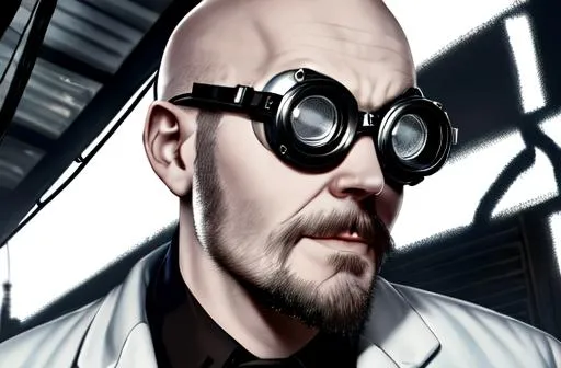 Prompt: 1man, (noir mad scientist:1.2), pale skin, (lab coat:1.1), bald, dark welding goggles, smirk, pointed goatee, (ultra detailed face and eyes:1.1), (album art:1.1), slum cyberpunk, 1950s, (slum old garage:1.1), (artpunk:1.0), unique pose, (trigun:1.1), (masterpiece:1.1), best quality, run-down, ultra high detail, (by antoine blanchard and casey baugh:1.1), (by zdzislaw beksinski:0.8), extremely intricate, extreme detail, raytracing, reflections, beautiful lighting, (harsh lighting:1.1), watercolor, (High Saturation Clarity Contrast, deep levels, sharp, retouched, color graded:1.1), soft lighting, cinematic, (heavy contrast:1.2)