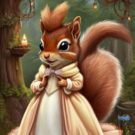 Prompt: An anthropomorphic squirrel wearing a princess gown, fantasy illustration