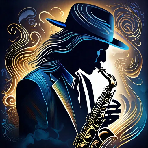 Prompt: very detailed super empath portrait, saxophone playing ,Digital illustration,  4k, calligraphy, hieroglyphs smooth lines, gradient fills, beautiful curves, flowing shadows, alternating light and shadow areas, shadows dancing in the rhythm of smoke
