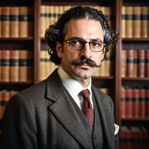Prompt: photorealistic portrait of 42 year old gaunt jewish male surgeon, physician, old fashioned nickelglasses, thick wide moustache, suit, feeling worried, 1940, curly black hair, in a library, natural lighting,