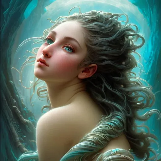 Prompt: Fantasy, Epic, Stunning, Spectacular, cinematic, 3D, HD, Beautiful!! {female}Sea Nymph, detailed gorgeous face, Beautiful big {moon-shaped}reflective eyes, long flowing turquoise hair, full moon background, ultra detailed full body artistic photography, Gorgeous detailed face, shadows, , brush strokes, ultra sharp focus, William-Adolphe Bouguereau, matte painting movie poster, silver ratio, epic, intricate, cinematic character render, hyper realistic, 64K --s98500