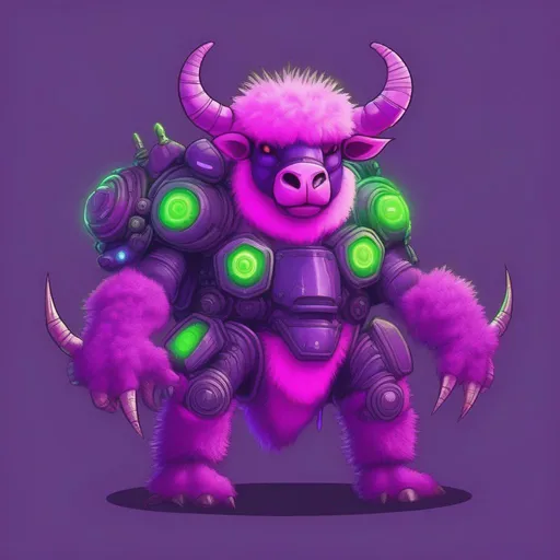 Prompt: Minotaur, fur pink with super fluffy face and covered in purple insect-like armor, electrified ant antennae, violet and purple with neon green gears tail, chordophone, best quality, masterpiece, in 2D illustration Style 