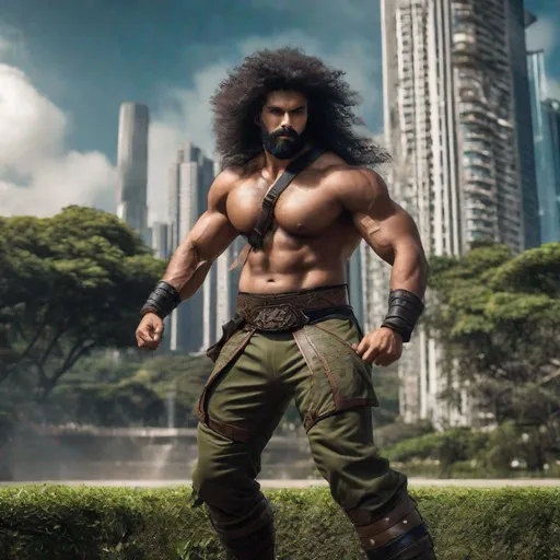 Prompt: Handsome Brazilian hairy man, big hair, scantily clad Amazon-inspired battle rags, thick thighs, hyperrealistic, super detailed, cinematic lighting, São Paulo city park background, strong winds, dynamic movement epic battle stance