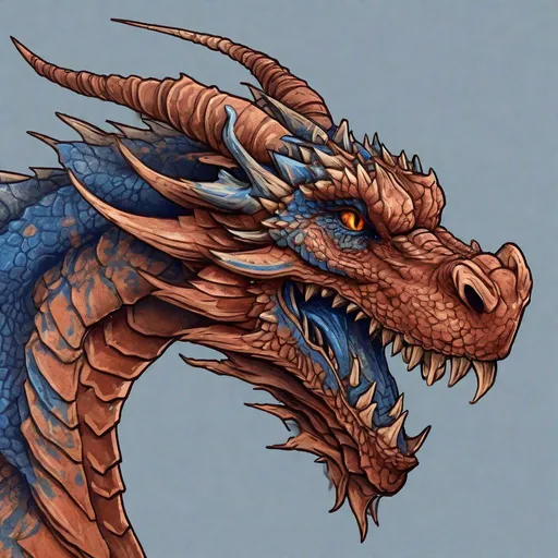 Prompt: Concept design of a dragon. Dragon head portrait. Side view. Coloring in the dragon is predominantly rusty-red with deep blue streaks and details present.