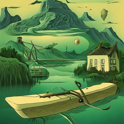 Prompt: a green river and an old cottage, in the style of Dali