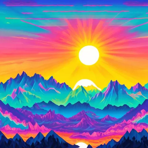 Prompt: Sun rising over mountains in the style of Lisa frank
