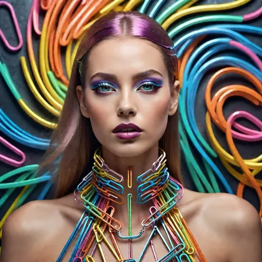 Prompt: Stunningly gorgeous vogue woman wearing multi-color metallic paper clip haute couture clothing design, elaborate paper clip jewelry design, dramatic colored chalk intense makeup, dystopian reflective metal office background, luxury, futurist, stunning unreal engine render, product photography, 8k, hyper-realistic. surrealism