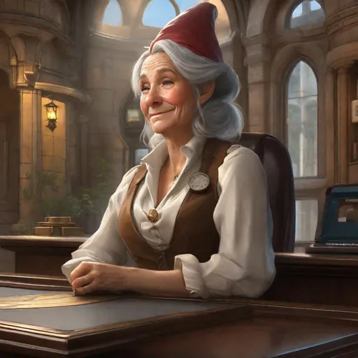 Prompt: 3-quarters portrait of a gnome receptionist woman sitting behind a very tall reception desk, old woman, wrinkles, ugly, little person, very short woman, stone building, sober interior, steampunk, highly detailed, digital painting, art by Stanley Lau and Artgerm and magali villeneuve and Alphonse Mucha, artstation, octane render, cgsociety
