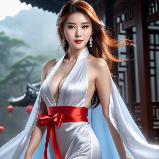 Prompt: splash art, hyper detailed, ultra realistic, highly detailed, surreal heavy mist, AI defined exquisitely beautiful, totally ultra realistic young Chinese woman, gorgeously detailed facial features, sumptuous cleavage, perfect body proportions, ultra pale, ultra glamorous long auburn hair girl (wearing floor length silver satin cape tied around neck with red ribbon ties:1,3) , elegant white qipao , walking in a swirling fog,

Perfect studio lighting, perfect shading, impeccable contrast, HDR, UHD, high res, 64k, cinematic lighting, special effects, hd octaneArtgerm, WLOP, dynamic studio quality lighting hyper-detailed, intricately detailed, Splash art, trending on Artstation, triadic colors, Unreal Engine 5 volumetric lighting, unreal engine, octane render.
