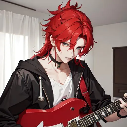 Prompt: Zerif 1male (Red side-swept hair covering his right eye) singing and playing an electric guitar, in the bedroom. UHD, 8K, highly detailed
