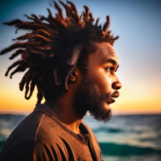 Prompt: Let only Half face of a 25 year old black man with dreaded hair with the ocean as a background the sunseting