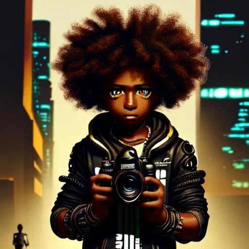 Prompt: African boy with curly hair and brown eyes taking pictures with his camera,  cyberpunk punk art