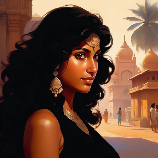 Prompt: Third person, gameplay, Indian girl, tan skin, curly brown hair, brown eyes, 1970s, Mumbai, golden atmosphere, cartoony style, extremely detailed painting by Greg Rutkowski and by Henry Justice Ford and by Steve Henderson 