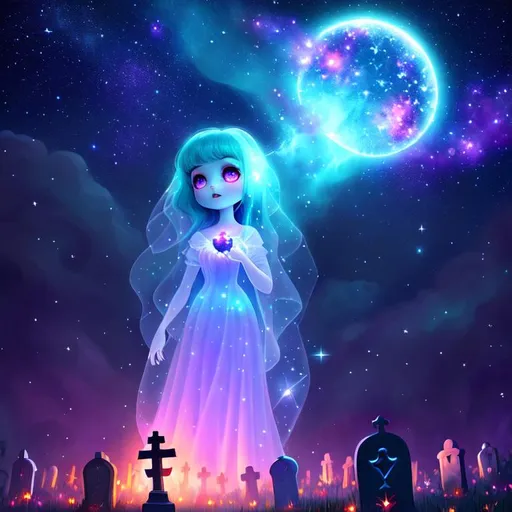 Prompt: Cute Pixar style painting, an adorable spirit woman, graveyard, midnight, translucent skin,  floating, nebula, galaxy, stars, fireflies, glowing eyes, glowing, Graves, cemetery, soft light, 4k, beautiful , gravestones, crypt, dead trees, hill