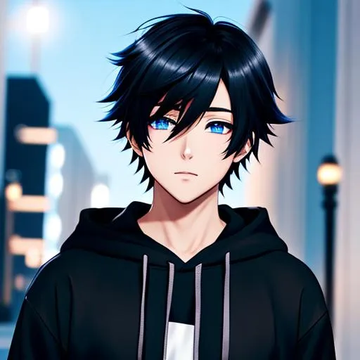 anime boy with blue eyes and black hair staring at the camera