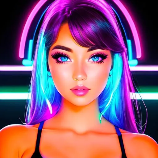 Prompt: high quality, beautiful girl, instagram model, full front, neon lights