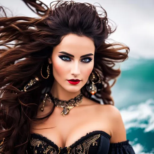 Prompt: Close-up of a pirate woman: corset, lace, Jewelry, Junoesque, bewitching,  sensual, hair moved by the wind, splashes of water, at the helm of her ship