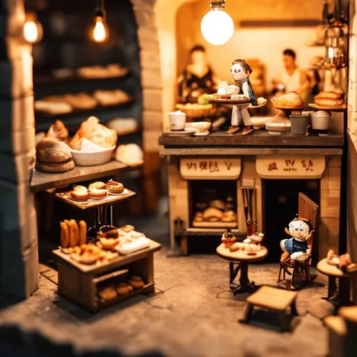 Prompt: Tiny wooden bakery, tiny people, stone oven, busy customers at night 