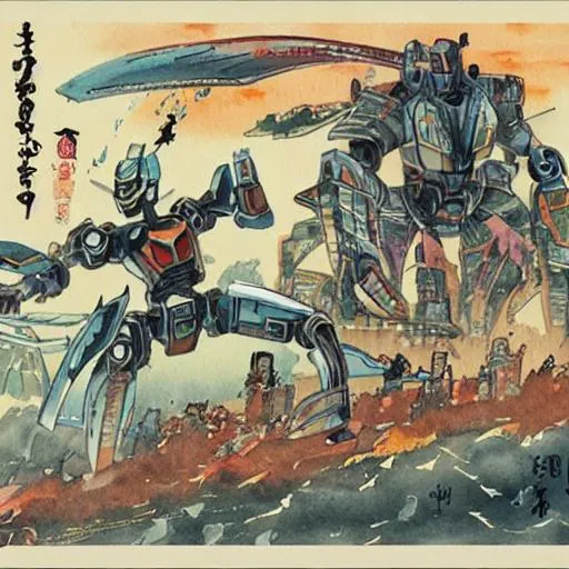 Prompt: two giant robots fighting over ancient tokyo done in a Japanese watercolor style
