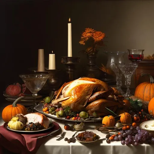 Prompt: thanksgiving feast, on table, turkey, red wine, vegetables, fruit, food scraps, eaten food, pumpkins, lit candles, hyperrealism, 8 k, dutch masters, art by rembrandt, still life by giuseppe arcimboldo and pieter claesz, a flemish baroque by jan davidsz, rococo, hd, intricate high detail masterpiece, black background