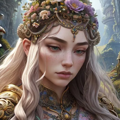 Prompt: : a beautiful, giantess, colossal goddess, landscape, detailed, floral, fantasy, landscape, floral, mushrooms, soft, pretty visuals, aestheticfull body and face focus, intricate details, exceptional detail, fantasy, ethereal lighting, hyper sharp, sharp focus, photorealistic portrait, detailed face, highly detailed, realistic, hyper realistic, colorful, unreal engine, Ultra realistic large chest, athletic body, Highly detailed photo realistic digital artwork. High definition. Face by Tom Bagshaw and art by Sakimichan, Android Jones" and tom bagshaw, Biggals, beautiful face, beautiful body, beautiful eyes, beautiful hair, smooth textures,is a digital painting with vibrant colors and exceptional detail, created using 3DS Max, AppGameKit, and Behance HD.

--aspect 5:4
--chaos 50
--quality 1
--seed 123456
--stop 100
--version 5.1
--stylize 500
--uplight
--iw 0.5


